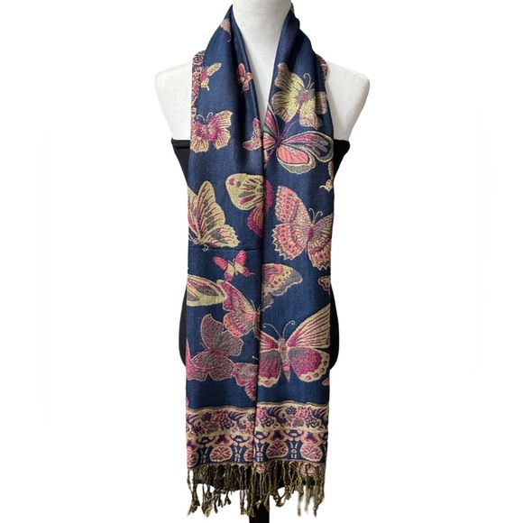 Blue Pink Fuchsia Gold Metallic Fringed Butterfly Shawl Wrap/ Scarf NEW - Picture 4 of 10